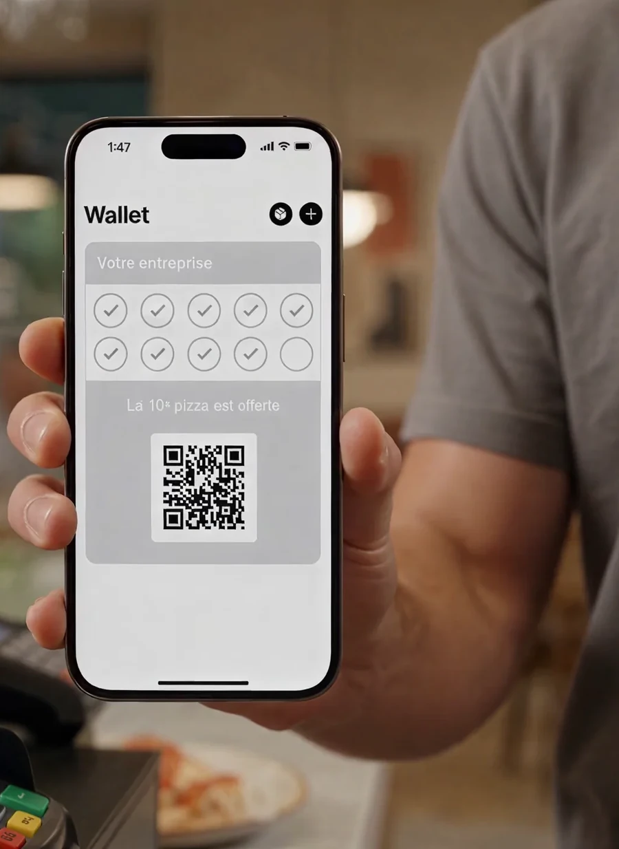 Carte de fidélité Volcan Fidélité affichée dans Apple Wallet, avec la progression des tampons et un QR code de validation